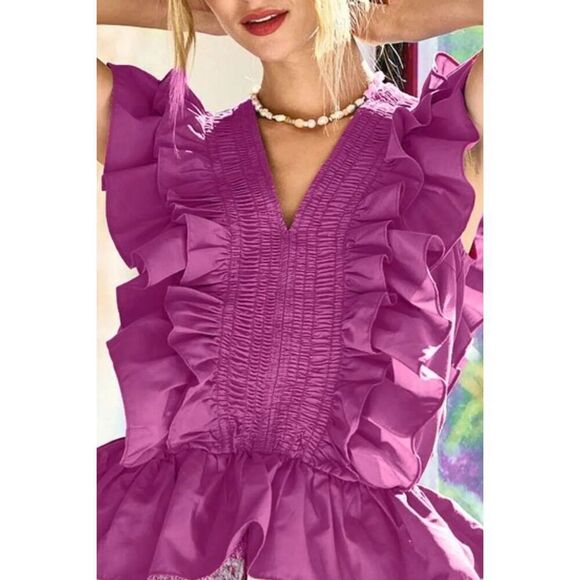 BiBi Cottagecore Chic Woven Ruffled Top In Berry Pink Sz Small - Picture 3 of 4